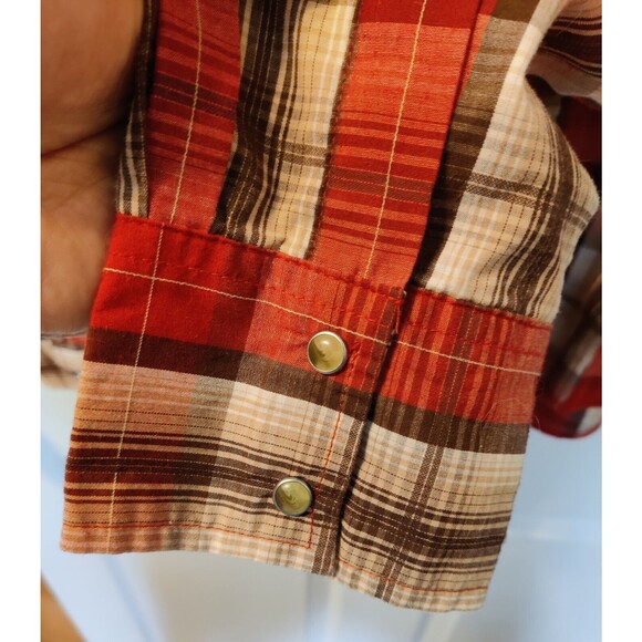 Vintage Men's Wrangler Red Tan Plaid Pearl Snap Long Sleeve Shirt - XL - Picture 5 of 10